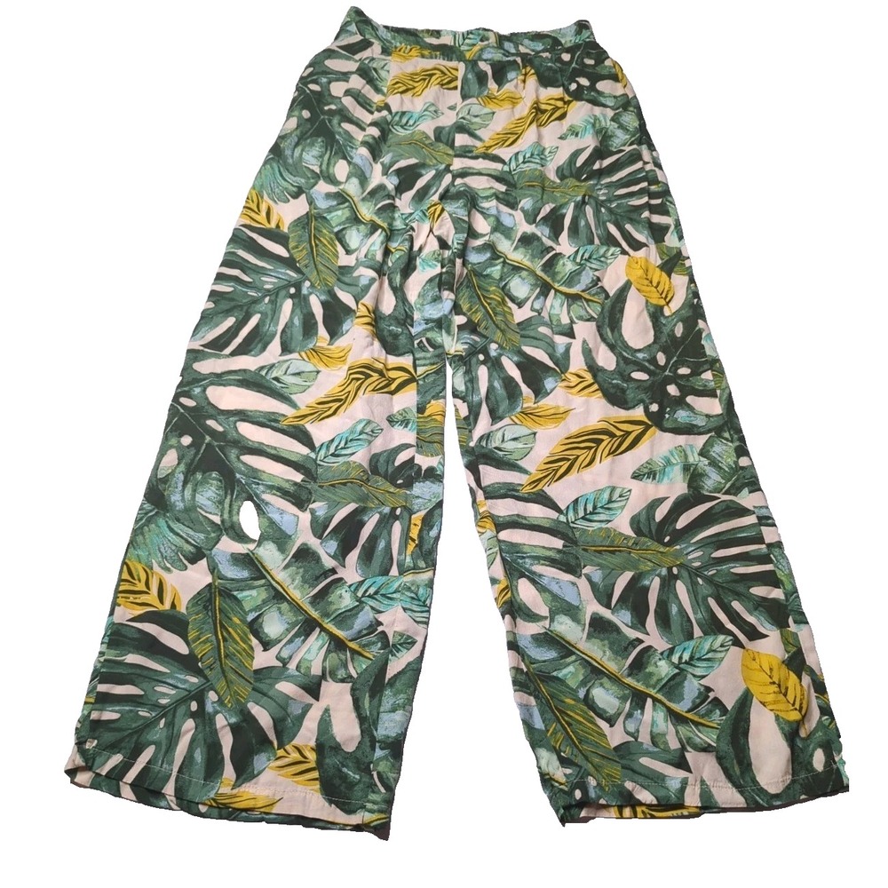Sunburst Kiss Tropical Monstera Leaf Wide Leg Palazzo Pants Rayon Resort Sz S